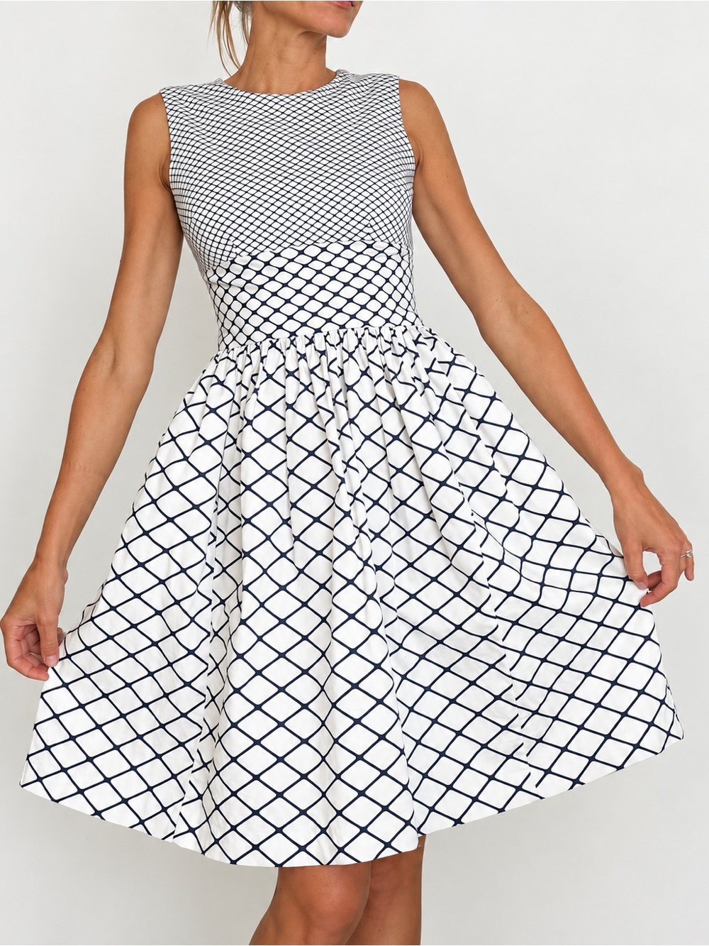 Isaac Mizrahi White Dress with Navy Grid Print